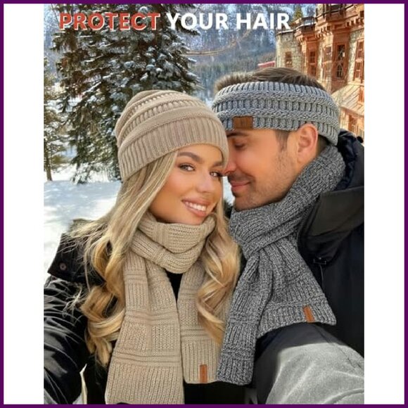 Fleece Lined Winter Set Beanie Scarf Gloves Headband 4-Piece - Picture 6 of 7